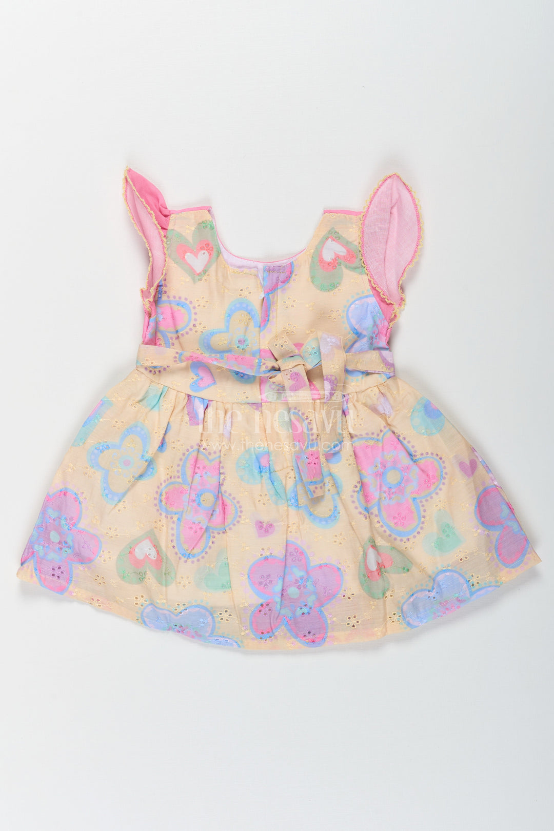 The Nesavu Girls Cotton Frock Girls Emoji Dress in Cotton with Pink Bodice and Yellow Hakoba Embroidered Printed Skirt Nesavu Nesavu Girls Emoji Dress Pink Cotton Top Yellow Hakoba Embroidered Printed Skirt