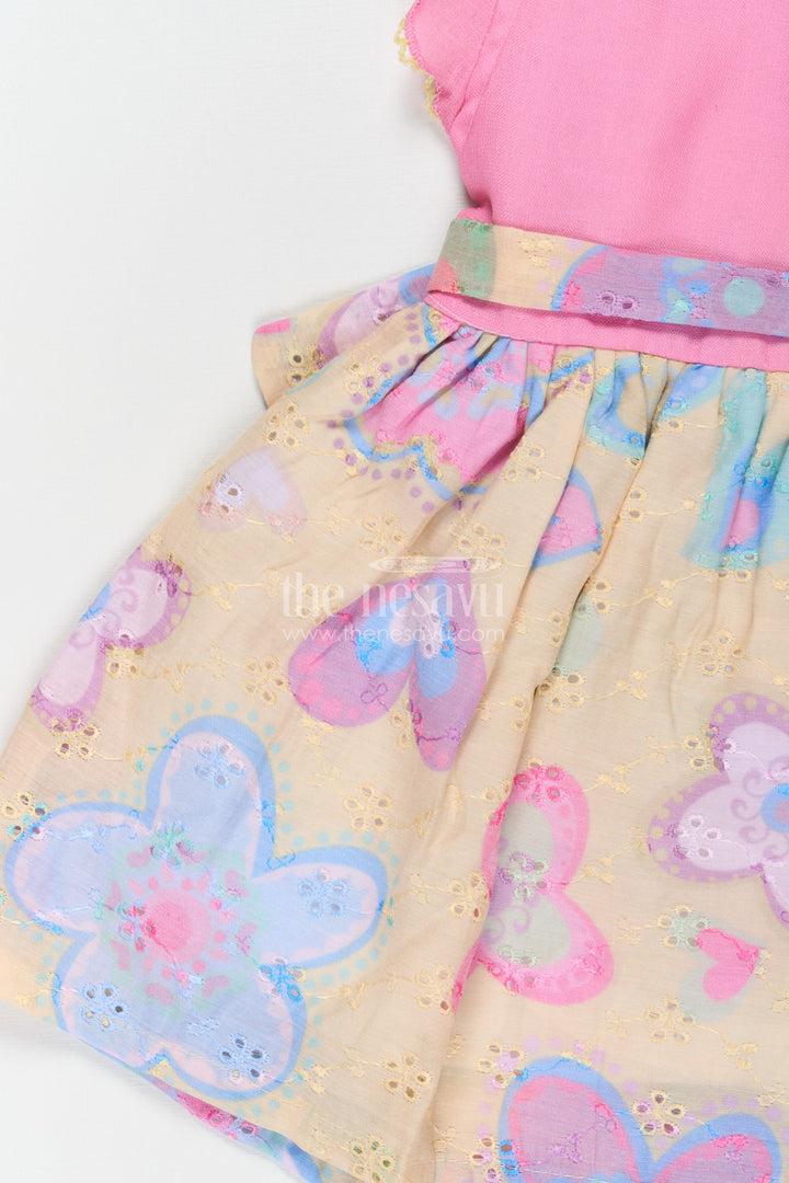 The Nesavu Girls Cotton Frock Girls Emoji Dress in Cotton with Pink Bodice and Yellow Hakoba Embroidered Printed Skirt Nesavu Nesavu Girls Emoji Dress Pink Cotton Top Yellow Hakoba Embroidered Printed Skirt