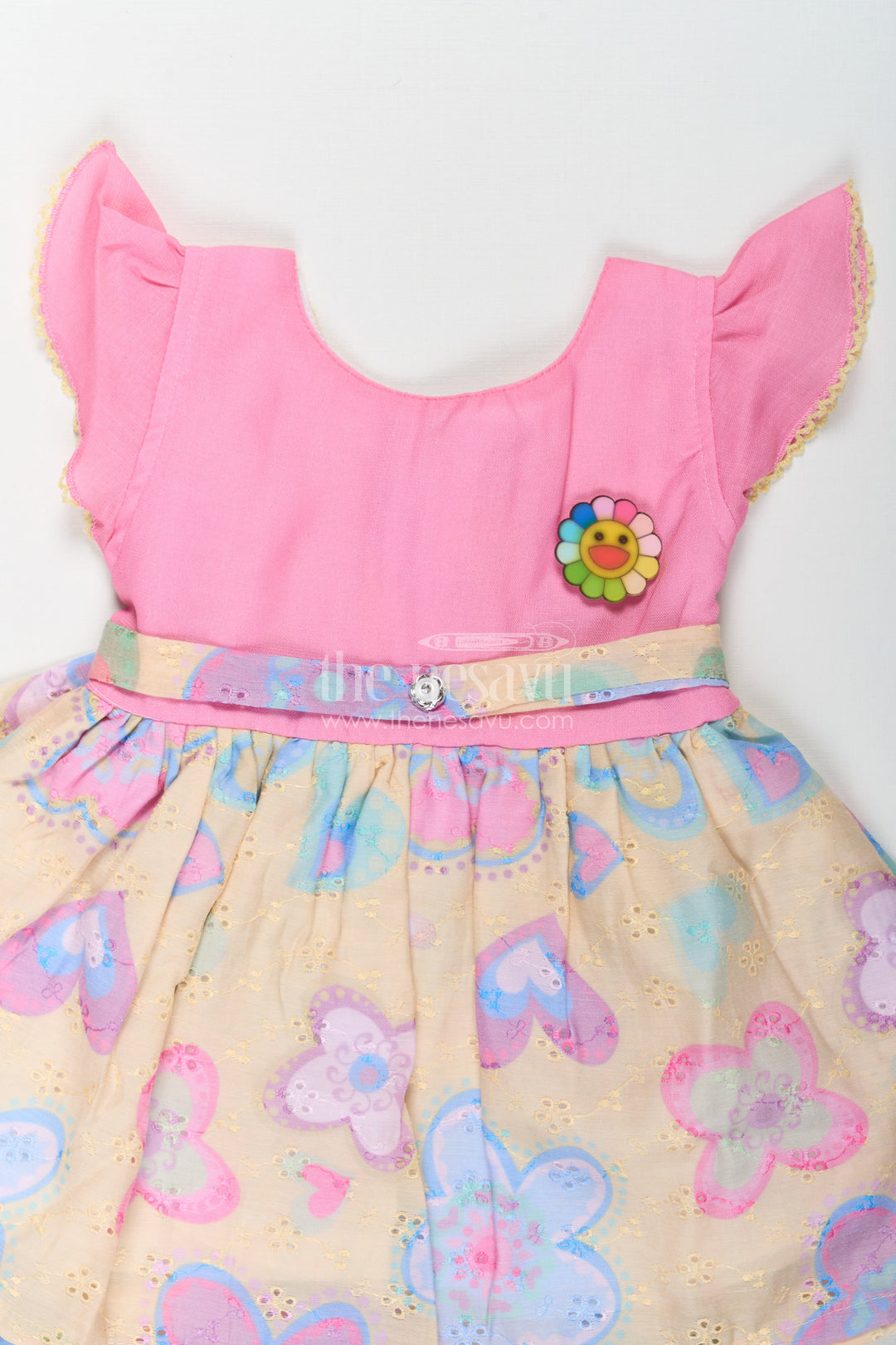The Nesavu Girls Cotton Frock Girls Emoji Dress in Cotton with Pink Bodice and Yellow Hakoba Embroidered Printed Skirt Nesavu Nesavu Girls Emoji Dress Pink Cotton Top Yellow Hakoba Embroidered Printed Skirt