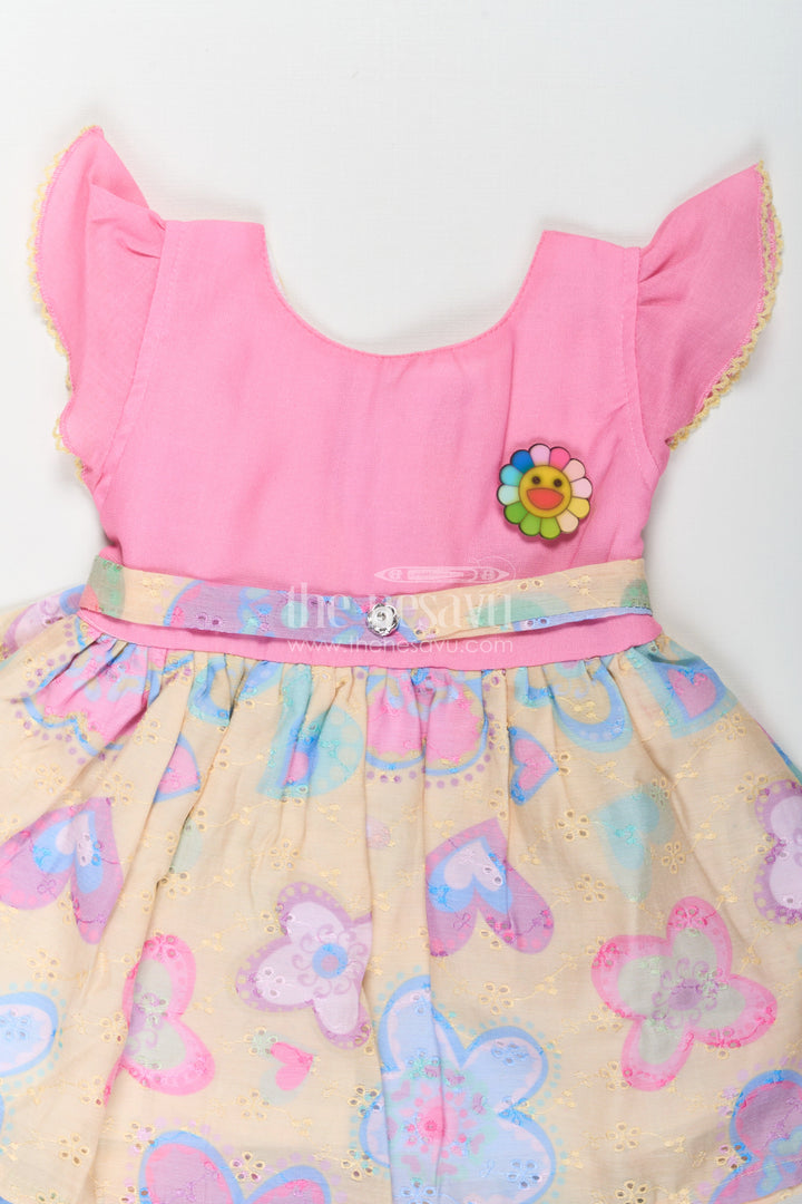 The Nesavu Girls Cotton Frock Girls Emoji Dress in Cotton with Pink Bodice and Yellow Hakoba Embroidered Printed Skirt Nesavu Nesavu Girls Emoji Dress Pink Cotton Top Yellow Hakoba Embroidered Printed Skirt