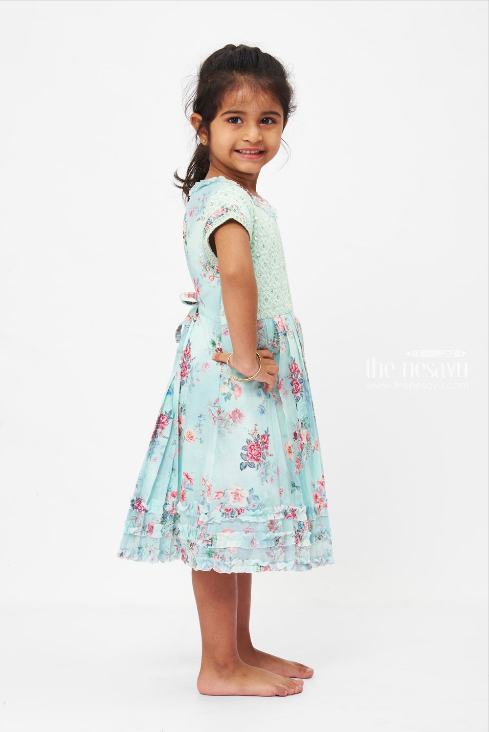 The Nesavu Girls Fancy Frock Girls Enchanted Garden Floral Frock with Lace Detailing Nesavu Printed Frocks for Girls | Girls' Designer Dresses | Trendy Kids' Fashion | The Nesavu