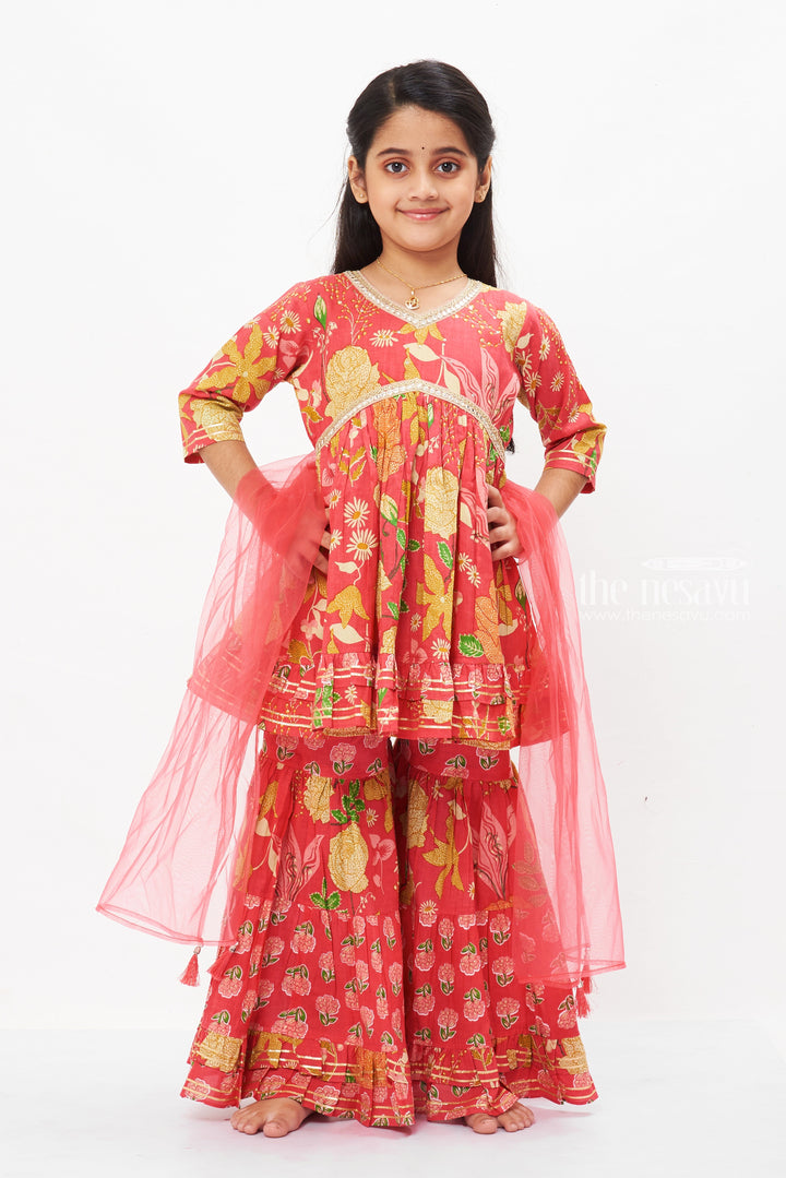 The Nesavu Girls Sharara / Plazo Set Girls Enchanted Pink Floral Sharara Set - Elegance for Eid, Diwali & Beyond Nesavu 18 (2Y) / Pink / Cotton GPS280A-18 Shop Enchanted Pink Floral Sharara for Girls | Ideal for Festive & Wedding Occasions | The Nesavu