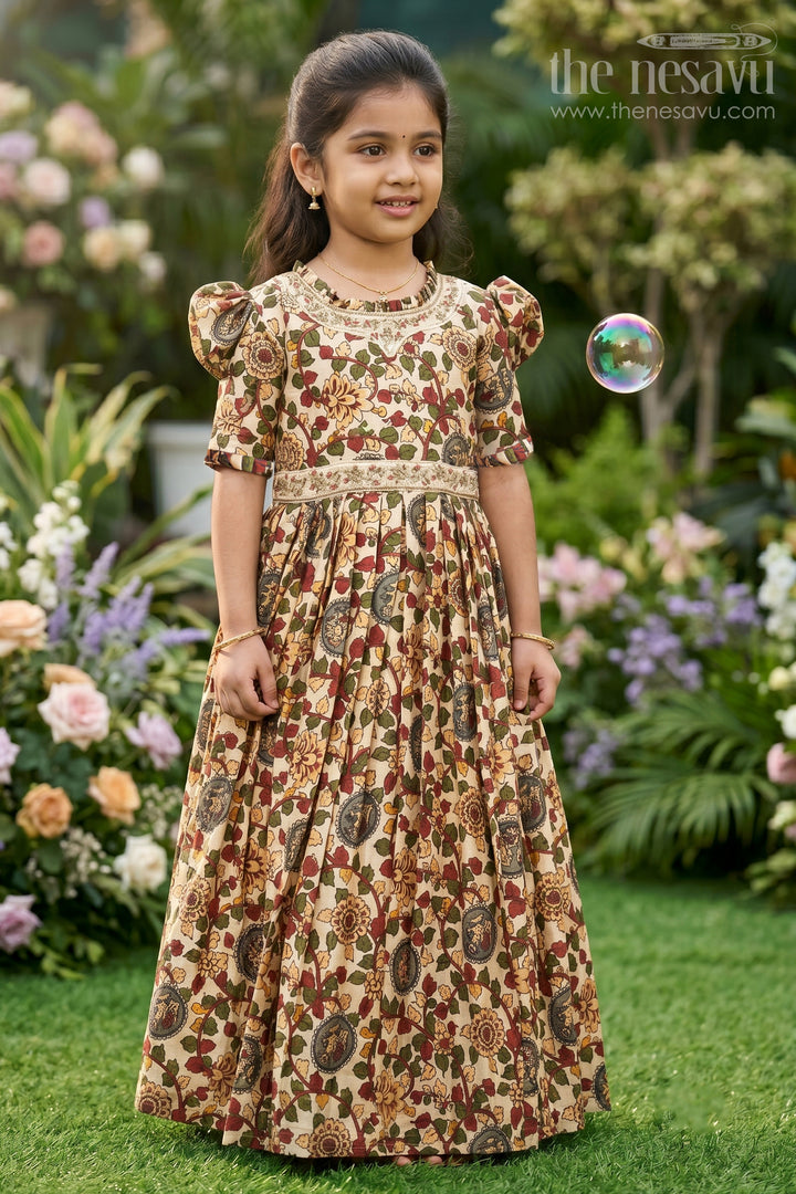 The Nesavu Girls Party Gown Girls Enchanting Floral Kalamkari Anarkali Gown with Elegant Embroidery Nesavu 16 (1Y) / Beige / Blend Silk GA192C-16 Traditional Floral Kalamkari Anarkali Gown for Girls | The Nesavu
