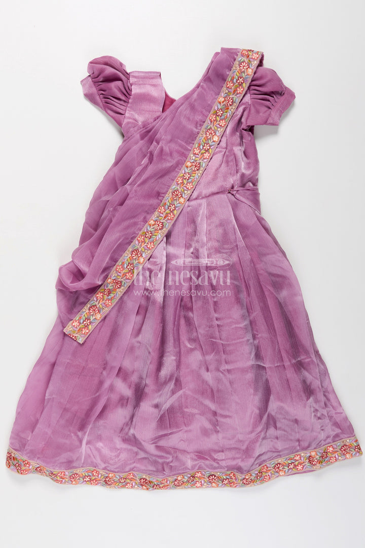 The Nesavu Girls Party Gown Girls Engagement Gowns in Lavender Organza with Embroidered Lace and Floral Hem Dupatta Nesavu 20 (3Y) / Purple GA310E-20 Lavender Engagement Gowns for Girls in Organza with Embroidered Floral Dupatta and Pleats | The Nesavu