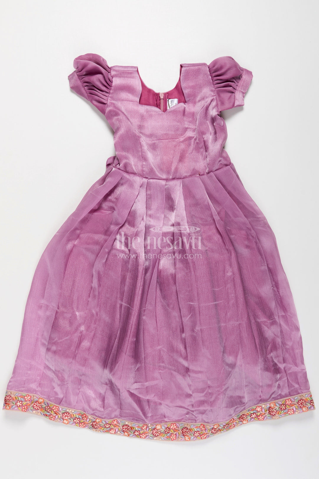 The Nesavu Girls Party Gown Girls Engagement Gowns in Lavender Organza with Embroidered Lace and Floral Hem Dupatta Nesavu Lavender Engagement Gowns for Girls in Organza with Embroidered Floral Dupatta and Pleats | The Nesavu