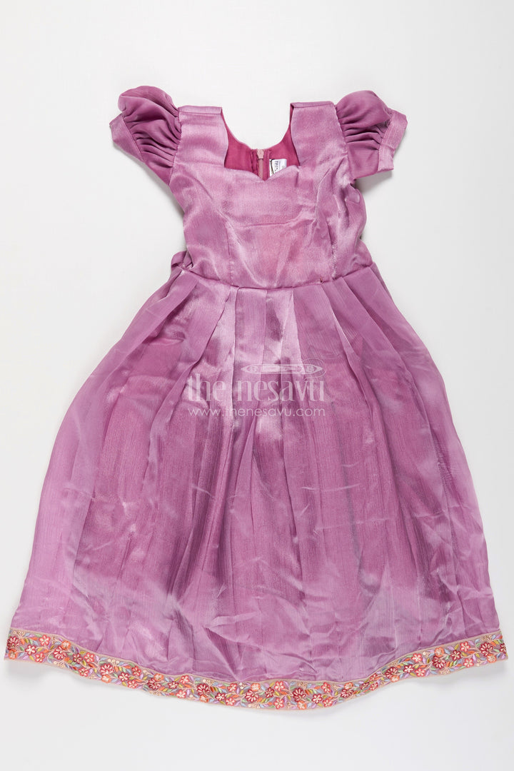 The Nesavu Girls Party Gown Girls Engagement Gowns in Lavender Organza with Embroidered Lace and Floral Hem Dupatta Nesavu Lavender Engagement Gowns for Girls in Organza with Embroidered Floral Dupatta and Pleats | The Nesavu