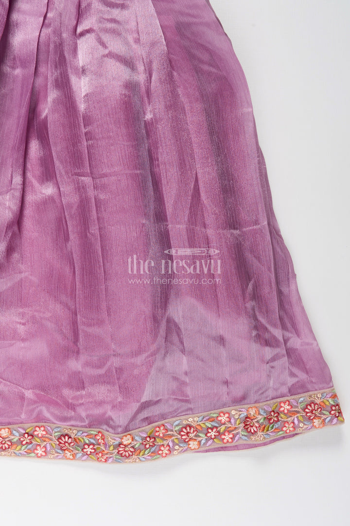 The Nesavu Girls Party Gown Girls Engagement Gowns in Lavender Organza with Embroidered Lace and Floral Hem Dupatta Nesavu Lavender Engagement Gowns for Girls in Organza with Embroidered Floral Dupatta and Pleats | The Nesavu