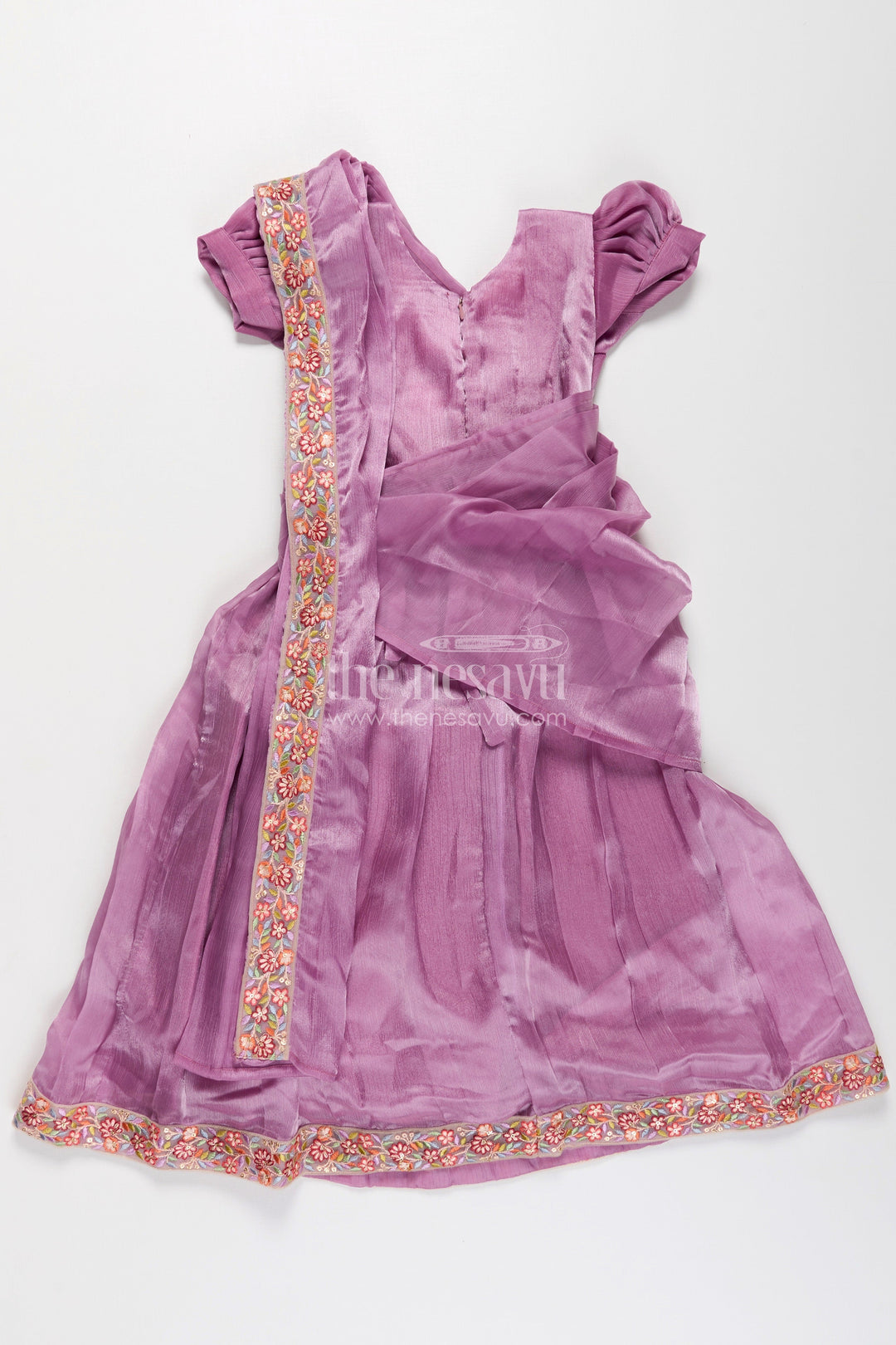 The Nesavu Girls Party Gown Girls Engagement Gowns in Lavender Organza with Embroidered Lace and Floral Hem Dupatta Nesavu Lavender Engagement Gowns for Girls in Organza with Embroidered Floral Dupatta and Pleats | The Nesavu