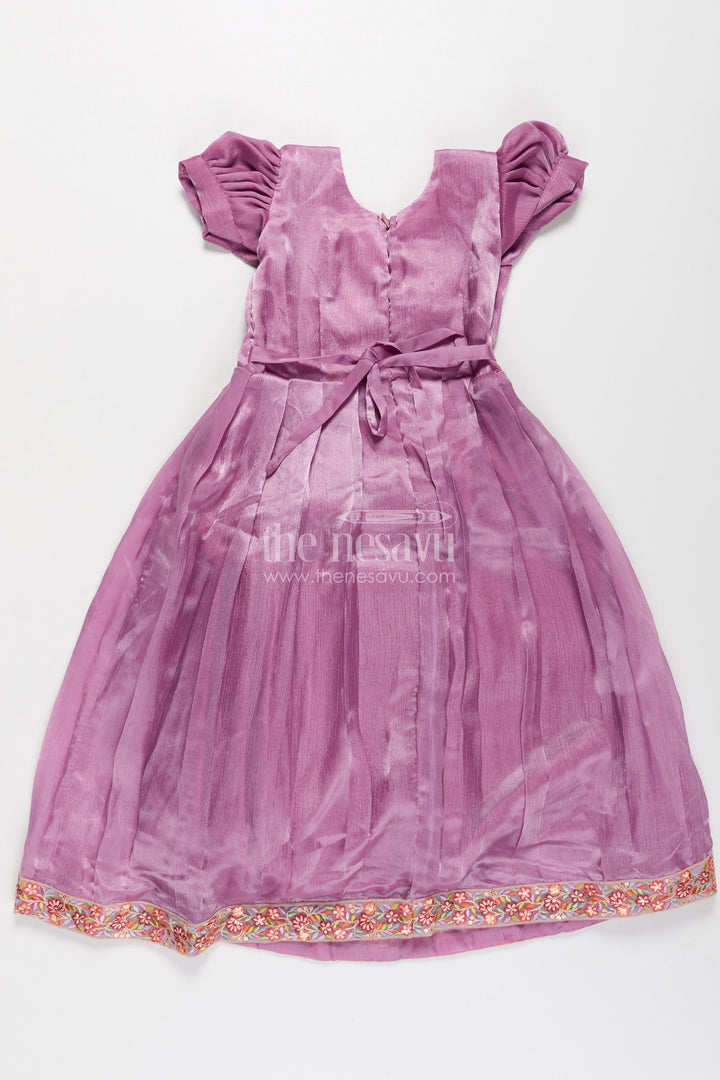 The Nesavu Girls Party Gown Girls Engagement Gowns in Lavender Organza with Embroidered Lace and Floral Hem Dupatta Nesavu Lavender Engagement Gowns for Girls in Organza with Embroidered Floral Dupatta and Pleats | The Nesavu