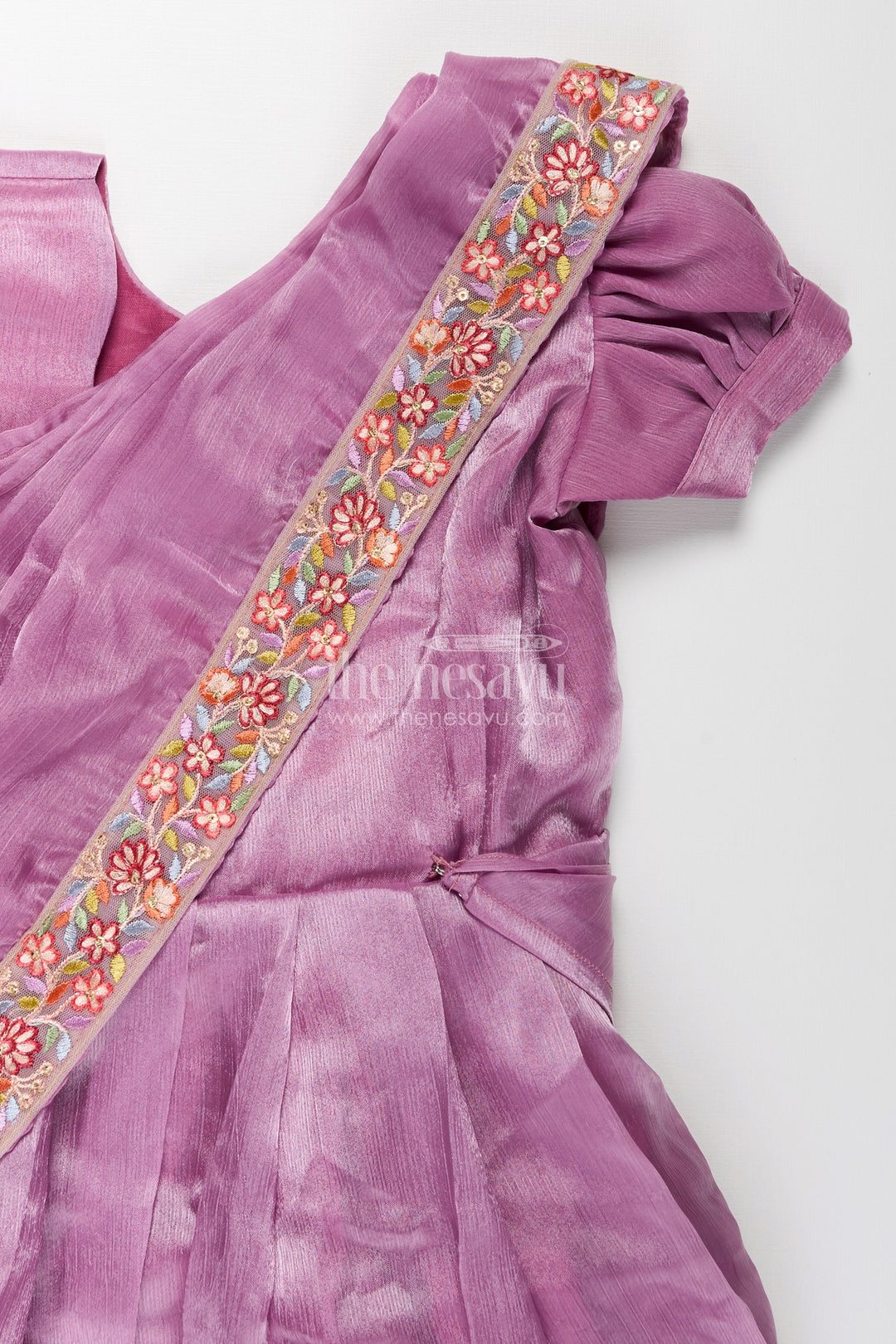 The Nesavu Girls Party Gown Girls Engagement Gowns in Lavender Organza with Embroidered Lace and Floral Hem Dupatta Nesavu Lavender Engagement Gowns for Girls in Organza with Embroidered Floral Dupatta and Pleats | The Nesavu