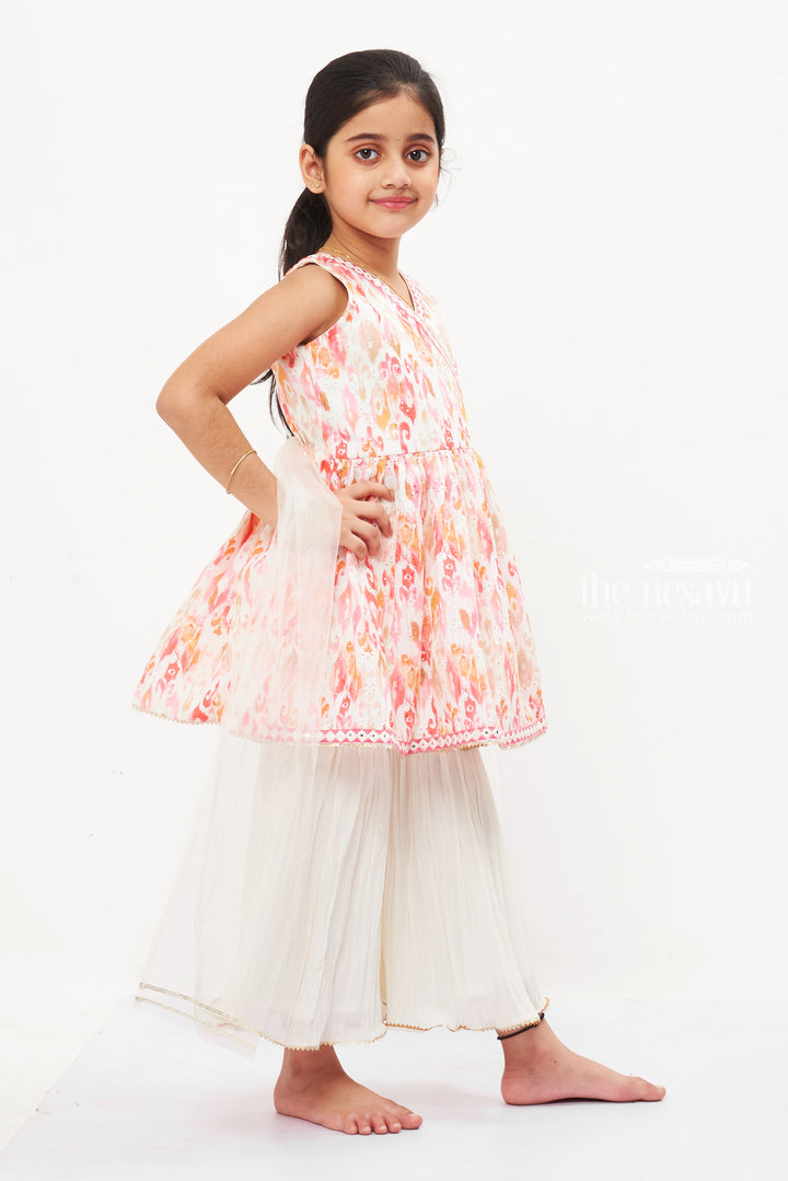 The Nesavu Girls Sharara / Plazo Set Girls Ethereal Peach Gharara and Kurti Set - Summer Festive Elegance Nesavu Buy Girls Summer-Ready Peach Gharara Kurti Set | Perfect for Festive Fun | The Nesavu