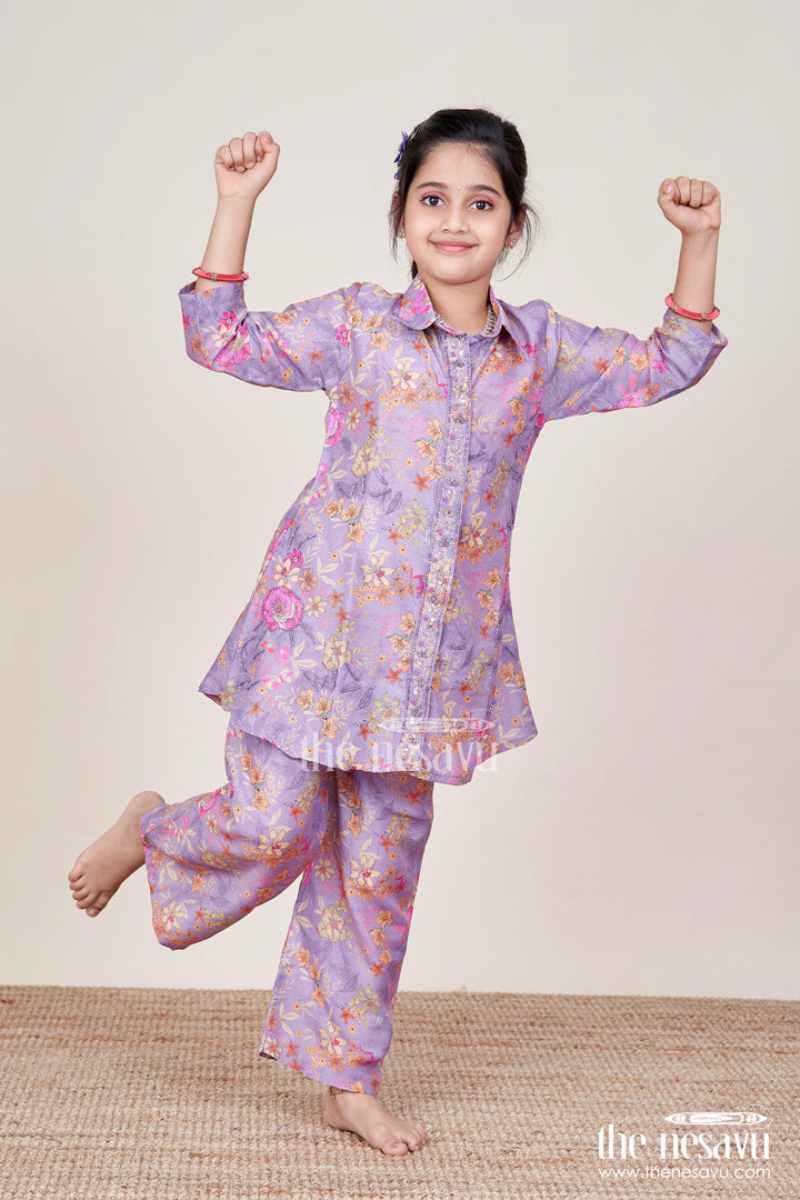The Nesavu Girls Casual Set Girls Ethnic Casual Set with Embroidered Kurta and Pants Nesavu 24 (5Y) / Purple GPS661A-24 Nesavu girls ethnic casual set embroidered kurta pants festive cultural wear