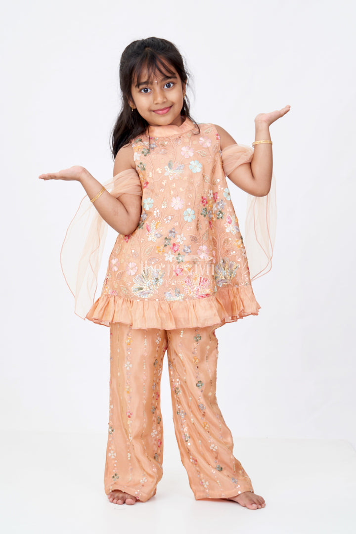 The Nesavu Girls Churidar Sets Girls Ethnic Churidar Set in Shimmer Viscose Silk with Designer Embroidery and Dupatta Nesavu 16 (1Y) / Peach GPS557A-16 Girls Ethnic Churidar Set Shimmer Viscose Silk Designer Embroidery Dupatta | The Nesavu