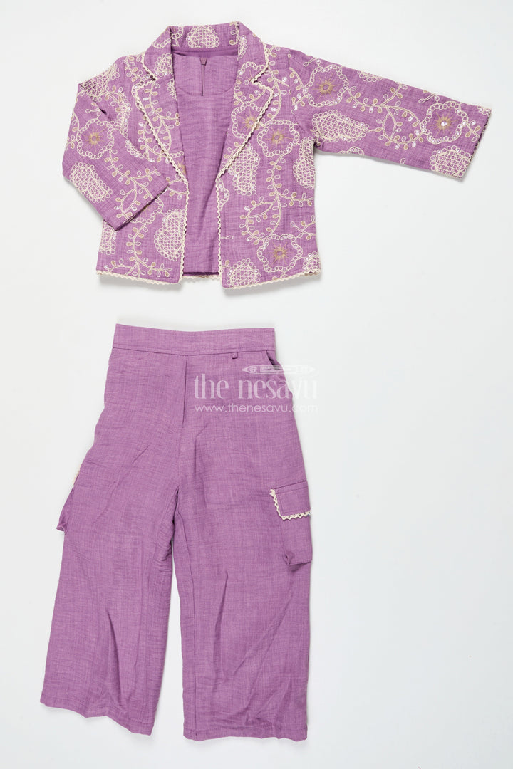 The Nesavu Girls Co-Ord Sets Girls Ethnic Co-Ord Set with Embroidered Jacket for Celebrations and School Events Nesavu 24 (5Y) / Purple GPS643B-24 Nesavu girls rayon co-ord set thread embroidery school ethnic day festive gatherings