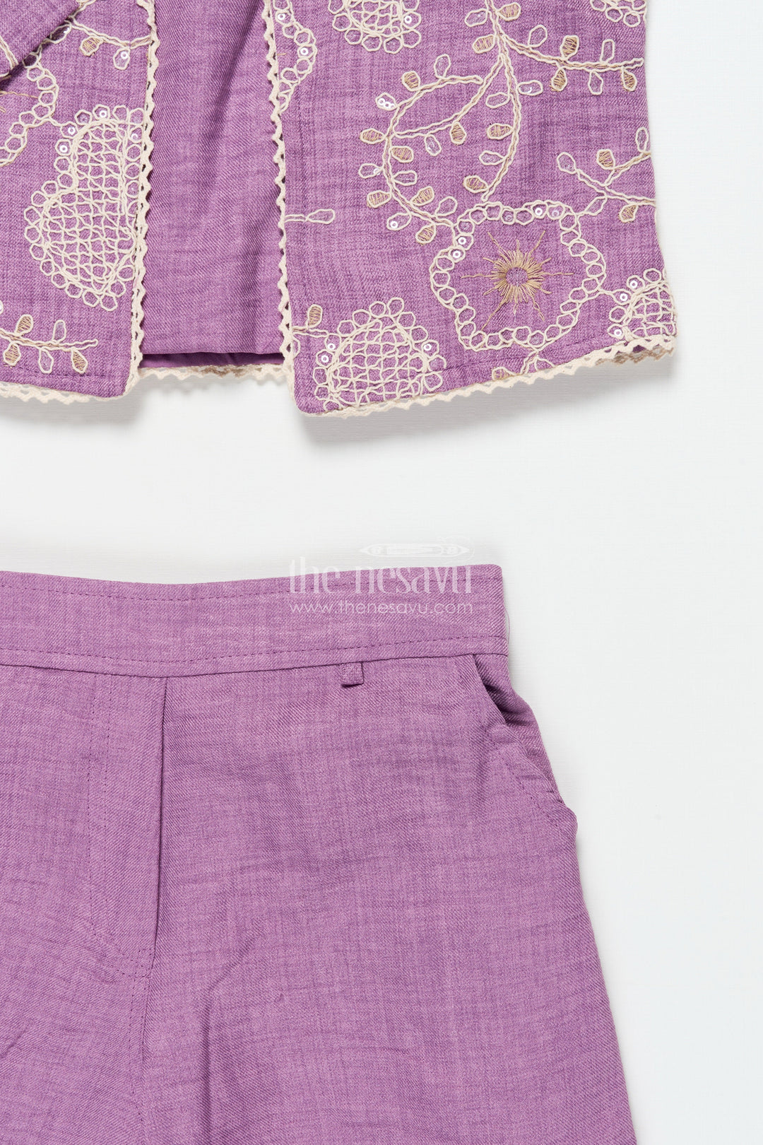 The Nesavu Girls Co-Ord Sets Girls Ethnic Co-Ord Set with Embroidered Jacket for Celebrations and School Events Nesavu Nesavu girls rayon co-ord set thread embroidery school ethnic day festive gatherings