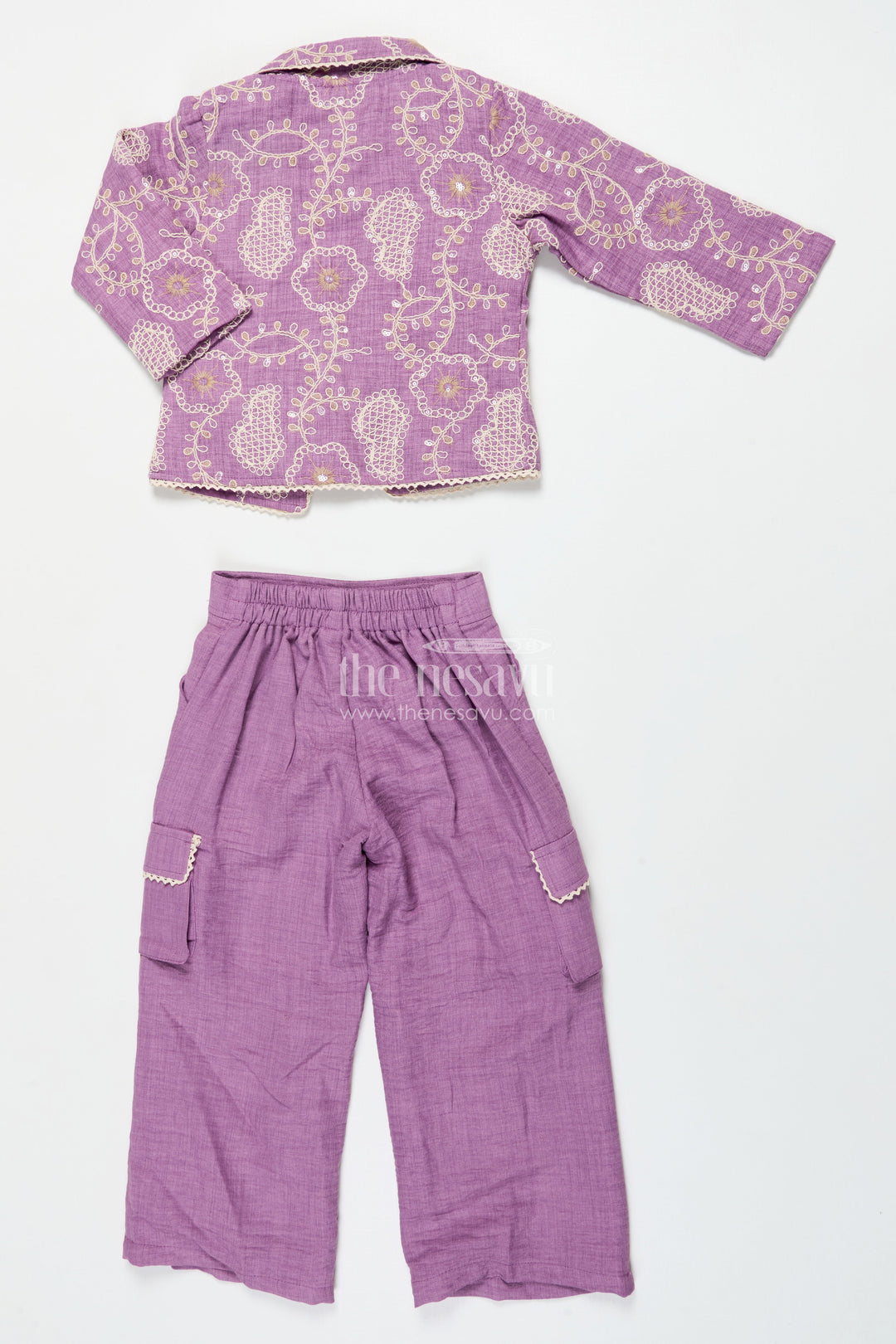 The Nesavu Girls Co-Ord Sets Girls Ethnic Co-Ord Set with Embroidered Jacket for Celebrations and School Events Nesavu Nesavu girls rayon co-ord set thread embroidery school ethnic day festive gatherings