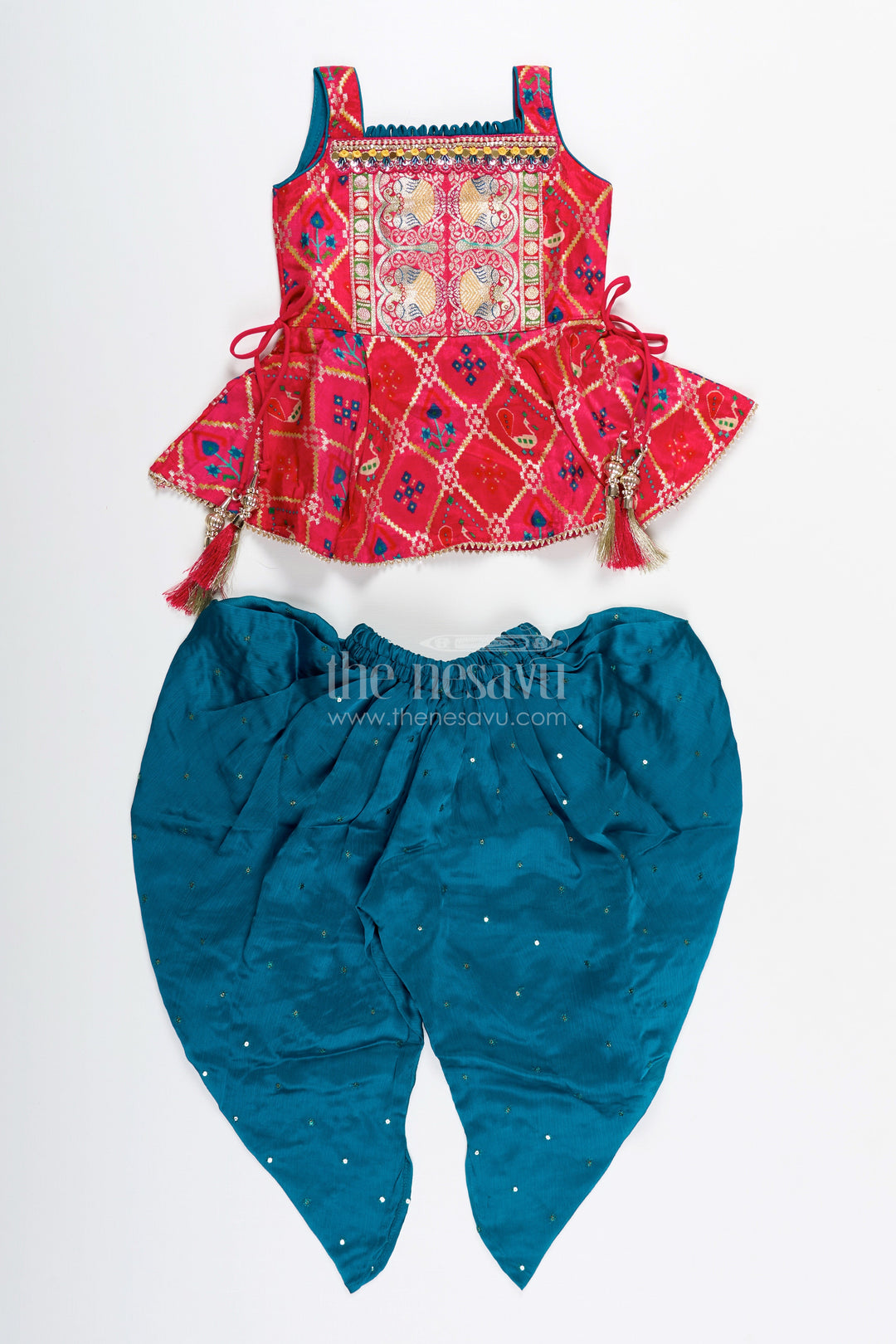 The Nesavu Girls Dothi Sets Girls ethnic dhoti set with digital print top for festive dressing Nesavu 18 (2Y) / Pink GPS756A-18 Nesavu ethnic dhoti set girls digital print top festive tassel details