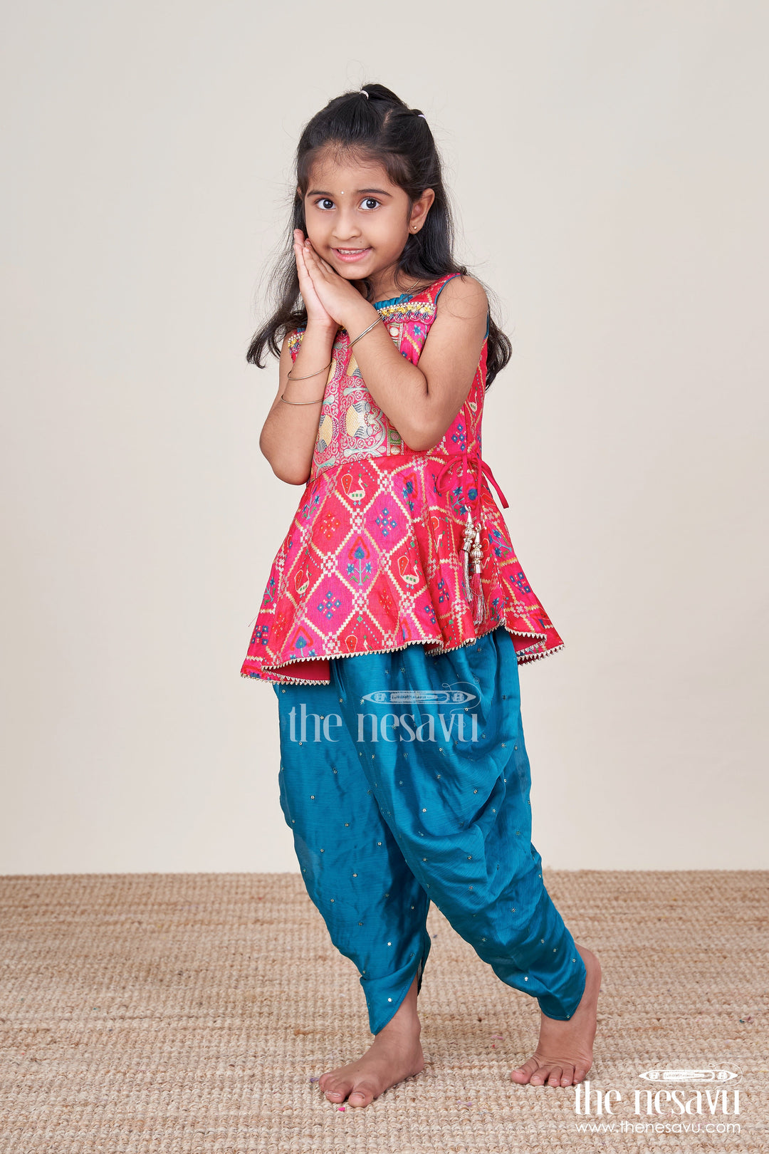 The Nesavu Girls Dothi Sets Girls Ethnic Dhoti Set with Digital Print Top for Festive Dressing Nesavu 18 (2Y) / Pink GPS756A-18 Nesavu ethnic dhoti set girls digital print top festive tassel details