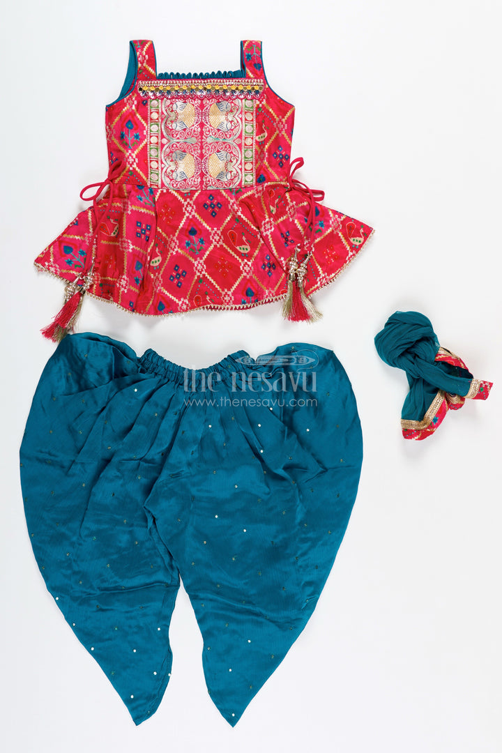 The Nesavu Girls Dothi Sets Girls ethnic dhoti set with digital print top for festive dressing Nesavu Nesavu ethnic dhoti set girls digital print top festive tassel details