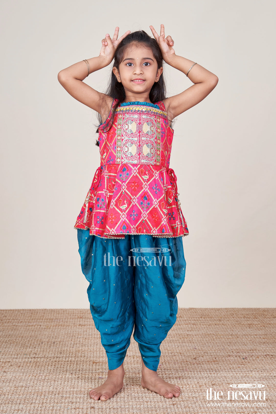 The Nesavu Girls Dothi Sets Girls Ethnic Dhoti Set with Digital Print Top for Festive Dressing Nesavu Nesavu ethnic dhoti set girls digital print top festive tassel details