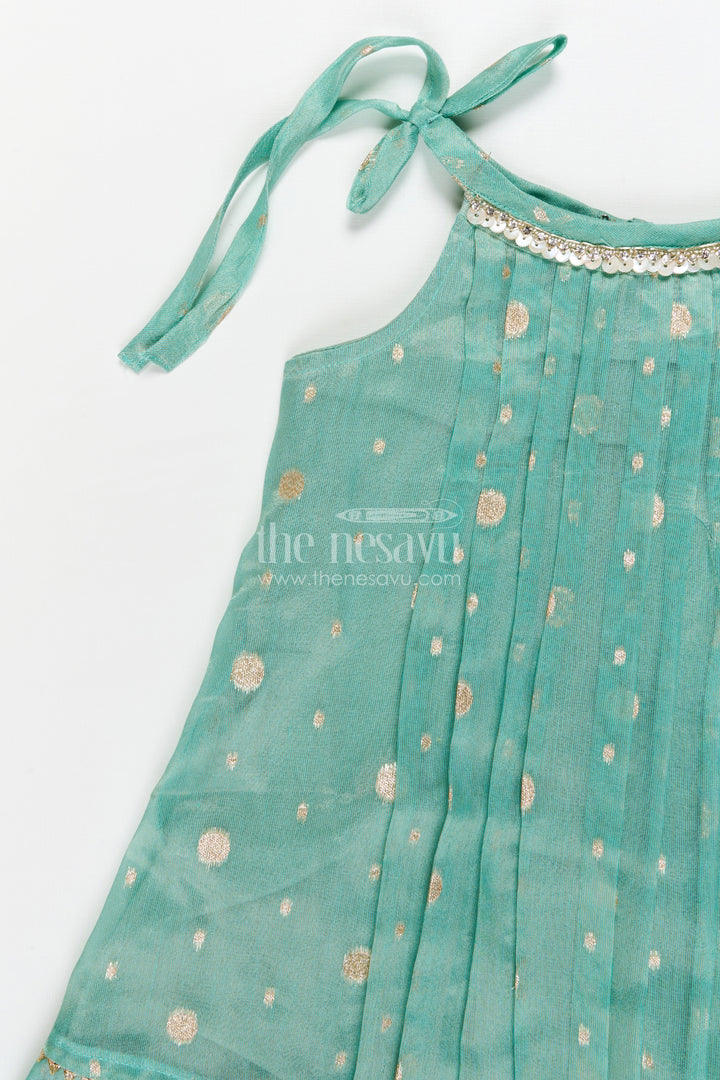 The Nesavu Girls Cotton Frock Girls Ethnic Frock for Pooja, Navaratri and Festive Occasions Nesavu Nesavu girls tissue silk frock with tie-up straps for Navaratri and festive occasions