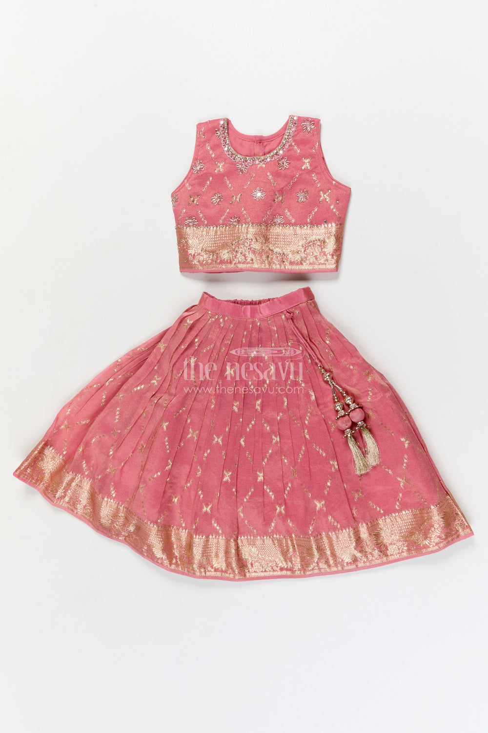 The Nesavu Girls Ethnic Lehenga Girls Ethnic Lehenga Set with Zari Border for Weddings and Family Celebrations Nesavu 16 (1Y) / Peach / Viscose Silk GL855A-16 Nesavu girls lehenga set with zari work and dupatta for weddings and traditional celebrations