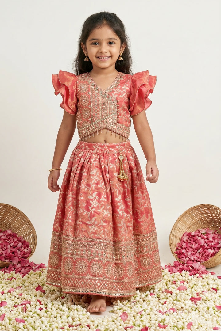 The Nesavu Girls Ethnic Lehenga Girls Ethnic Lehenga with Designer Yoke for Traditional Ceremonies Nesavu 16 (1Y) / Pink / Cotton Silk GL870A-16 Nesavu ethnic lehenga for girls with kora tissue silk and designer yoke – perfect for weddings and ceremonies
