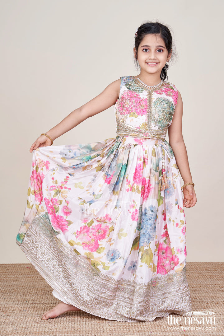 The Nesavu Girls Ethnic Lehenga Girls Ethnic Lehenga with Embroidered Blouse for Weddings and Festive Occasions Nesavu 24 (5Y) / Cream GL829A-24 Nesavu girls embroidered ethnic lehenga digital print weddings festive occasions