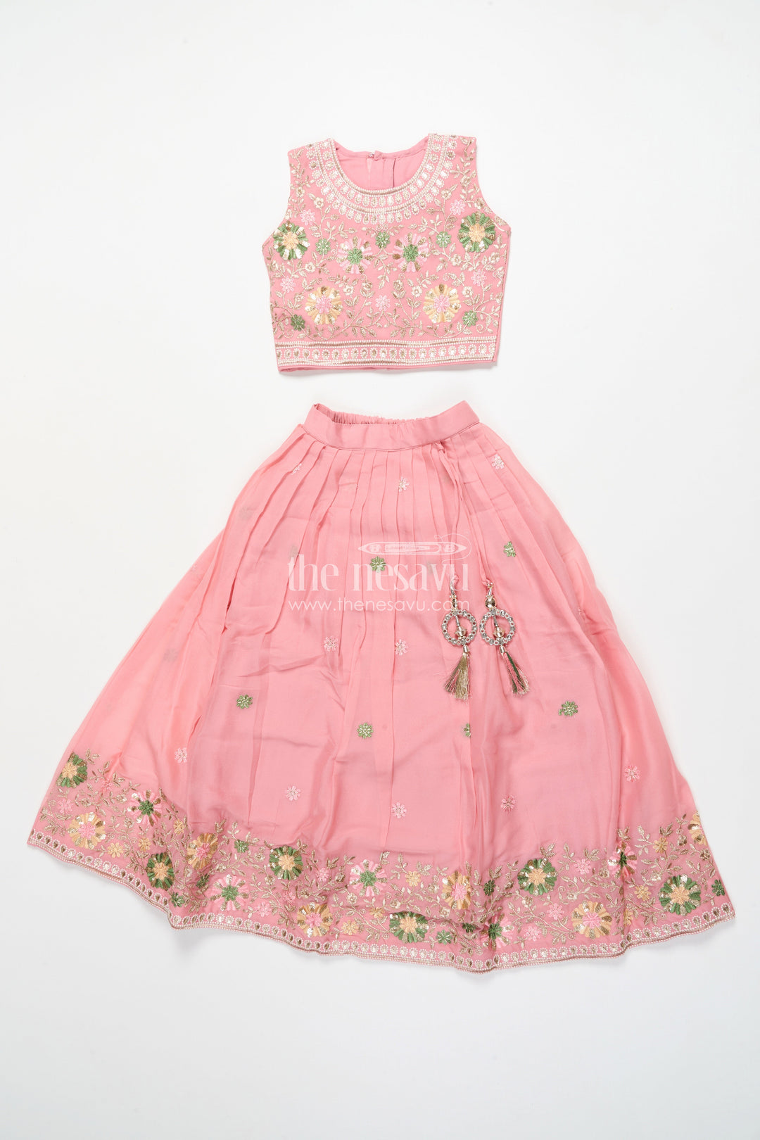 The Nesavu Girls Ethnic Lehenga Girls Ethnic Lehenga with Long Shrug for Festive and Wedding Occasions Nesavu 24 (5Y) / Pink GL838A-24 Nesavu girls georgette lehenga set thread embroidery full-length shrug festive wear