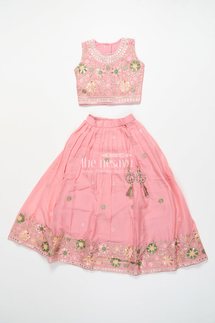 The Nesavu Girls Ethnic Lehenga Girls Ethnic Lehenga with Long Shrug for Festive and Wedding Occasions Nesavu 24 (5Y) / Pink GL838A-24 Nesavu girls georgette lehenga set thread embroidery full-length shrug festive wear