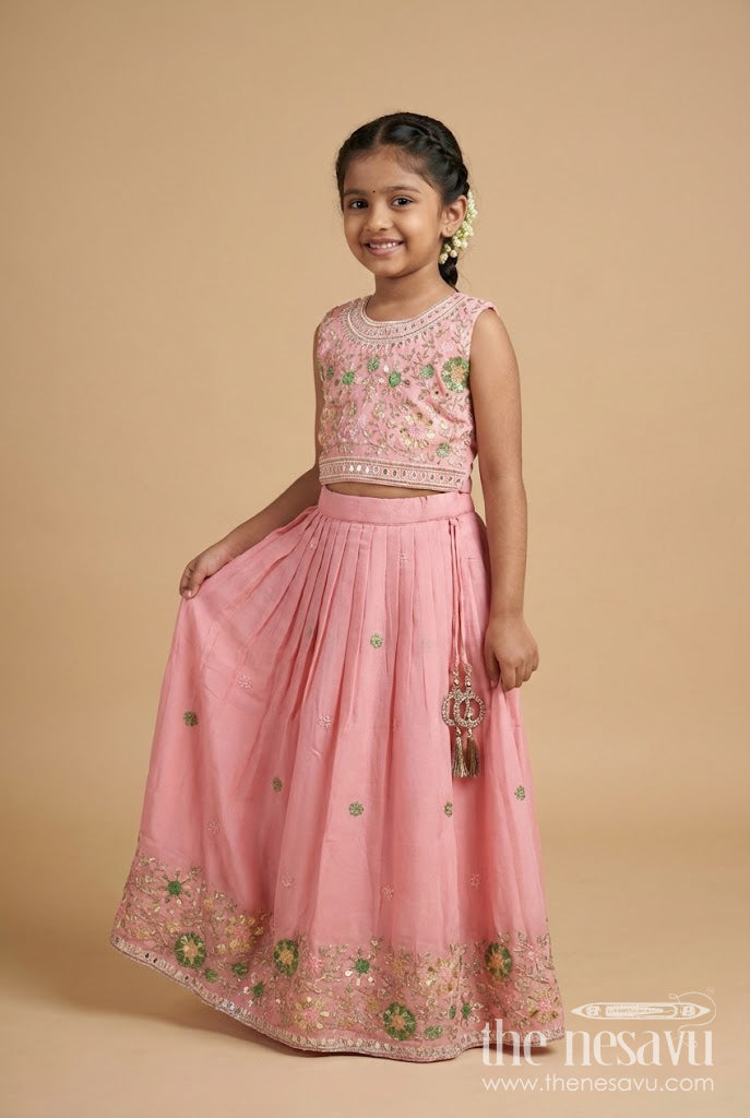 The Nesavu Girls Ethnic Lehenga Girls Ethnic Lehenga with Long Shrug for Festive and Wedding Occasions Nesavu 24 (5Y) / Pink GL838A-24 Nesavu girls georgette lehenga set thread embroidery full-length shrug festive wear