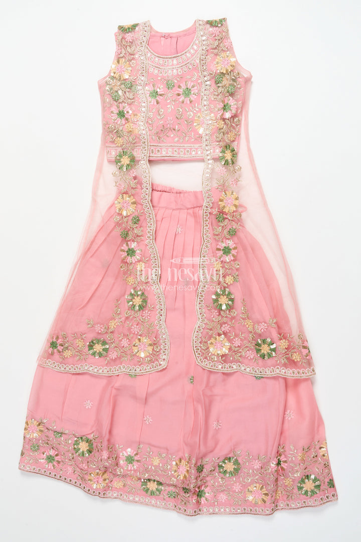 The Nesavu Girls Ethnic Lehenga Girls Ethnic Lehenga with Long Shrug for Festive and Wedding Occasions Nesavu Nesavu girls georgette lehenga set thread embroidery full-length shrug festive wear