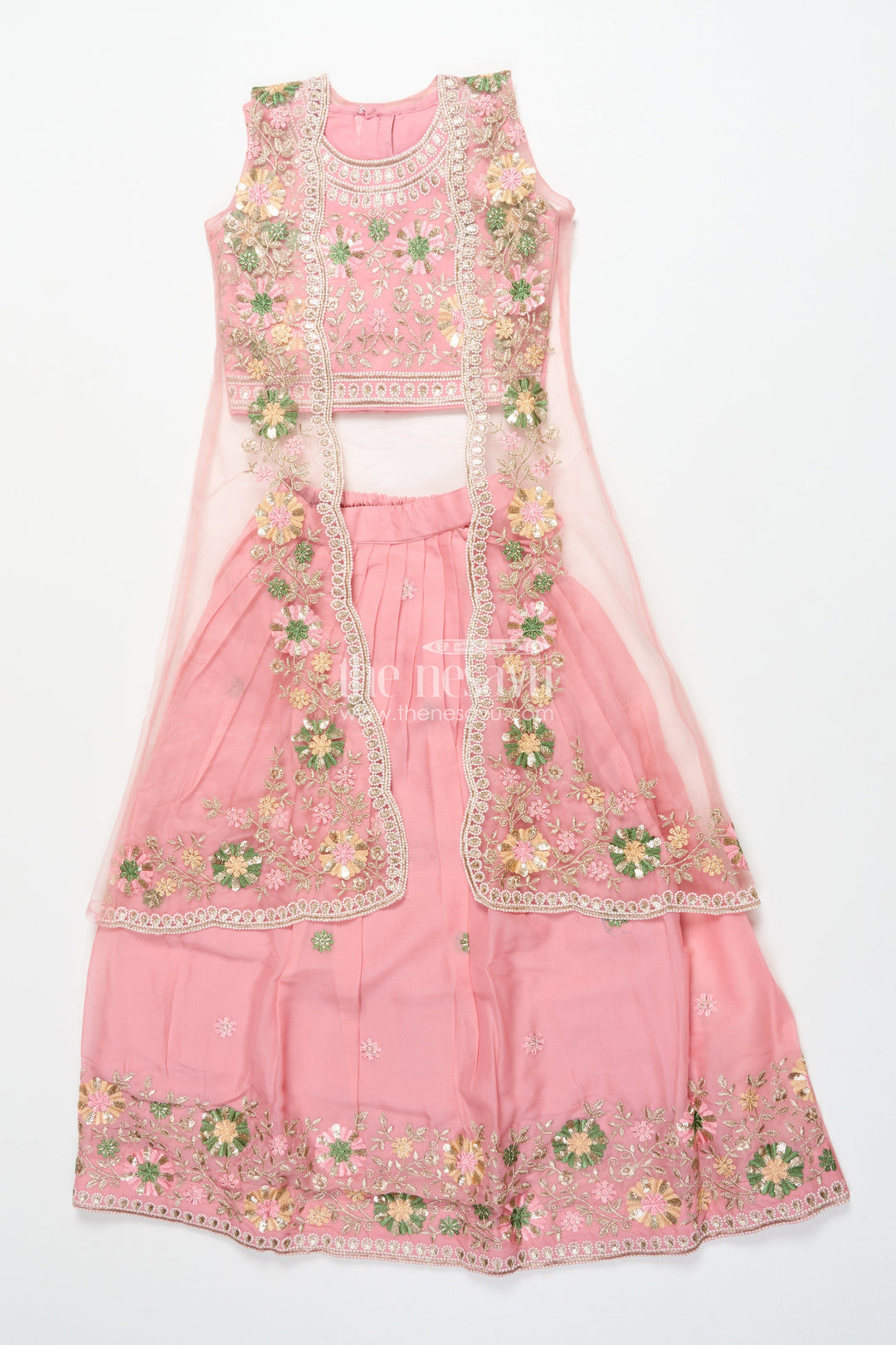 The Nesavu Girls Ethnic Lehenga Girls Ethnic Lehenga with Long Shrug for Festive and Wedding Occasions Nesavu Nesavu girls georgette lehenga set thread embroidery full-length shrug festive wear