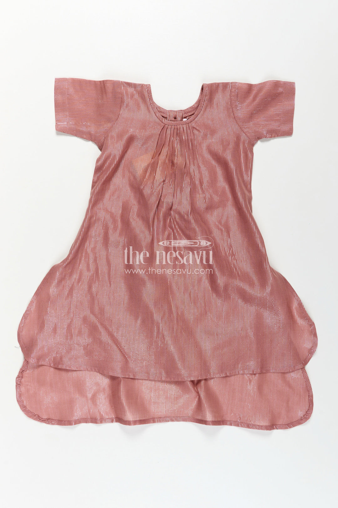 The Nesavu Girls Cotton Frock Girls Ethnic Long Frock in Shimmering Viscose Cotton with Subtle Pleats and High-Low Hem Nesavu 18 (2Y) / Pink GFC1779A-18 Girls Ethnic Long Frock Viscose Shimmer High-Low Hem Gathered Yoke | The Nesavu