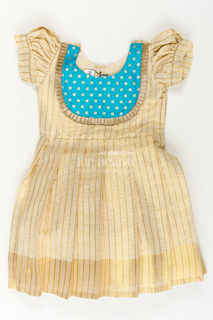 The Nesavu Silk Frock Girls Ethnic Long Frocks in Beige Silk with Blue Banaras Yoke and Structured Pleats Nesavu 16 (1Y) / Cream SF1009B-16 Nesavu Ethnic Long Frocks Girls Beige Silk Blue Banaras Yoke Traditional Pleats