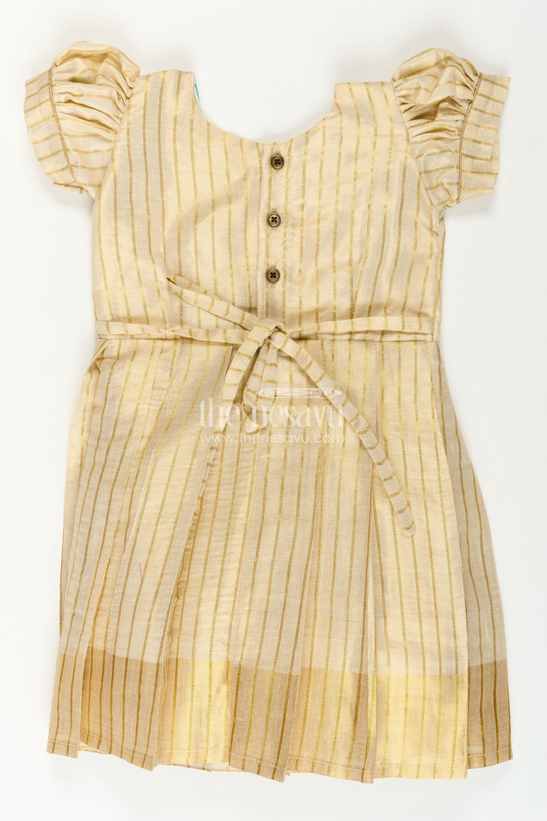 The Nesavu Silk Frock Girls Ethnic Long Frocks in Beige Silk with Blue Banaras Yoke and Structured Pleats Nesavu Nesavu Ethnic Long Frocks Girls Beige Silk Blue Banaras Yoke Traditional Pleats