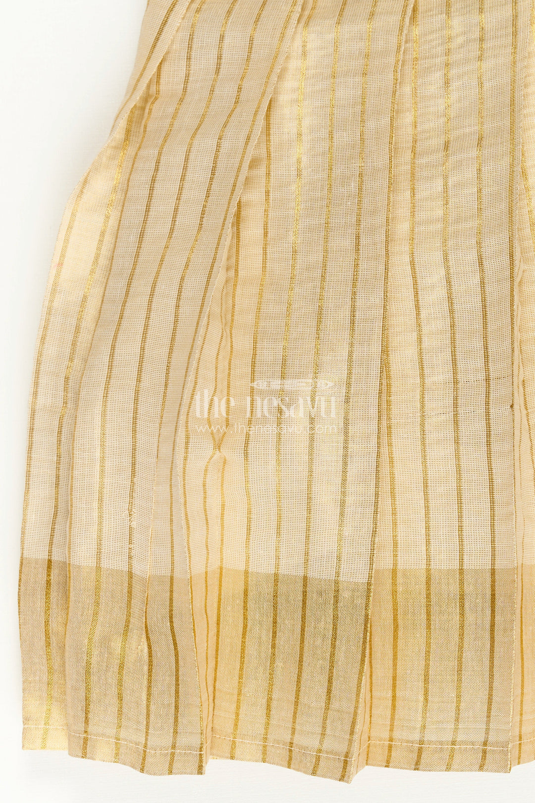 The Nesavu Silk Frock Girls Ethnic Long Frocks in Beige Silk with Blue Banaras Yoke and Structured Pleats Nesavu Nesavu Ethnic Long Frocks Girls Beige Silk Blue Banaras Yoke Traditional Pleats