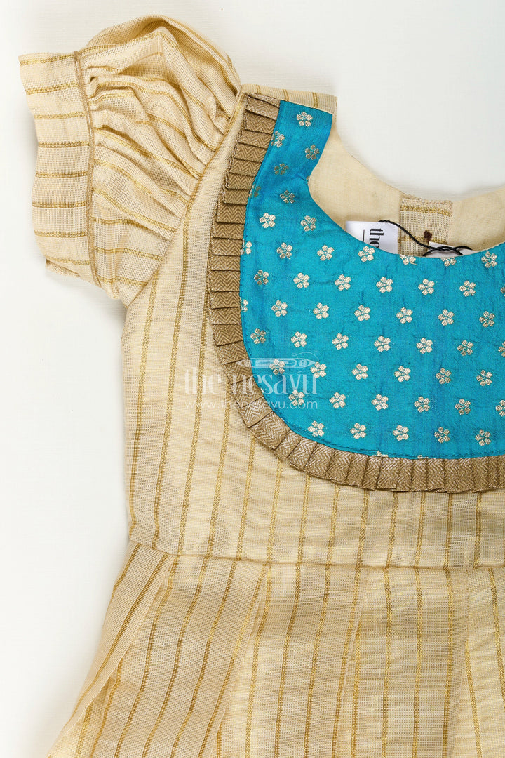 The Nesavu Silk Frock Girls Ethnic Long Frocks in Beige Silk with Blue Banaras Yoke and Structured Pleats Nesavu Nesavu Ethnic Long Frocks Girls Beige Silk Blue Banaras Yoke Traditional Pleats