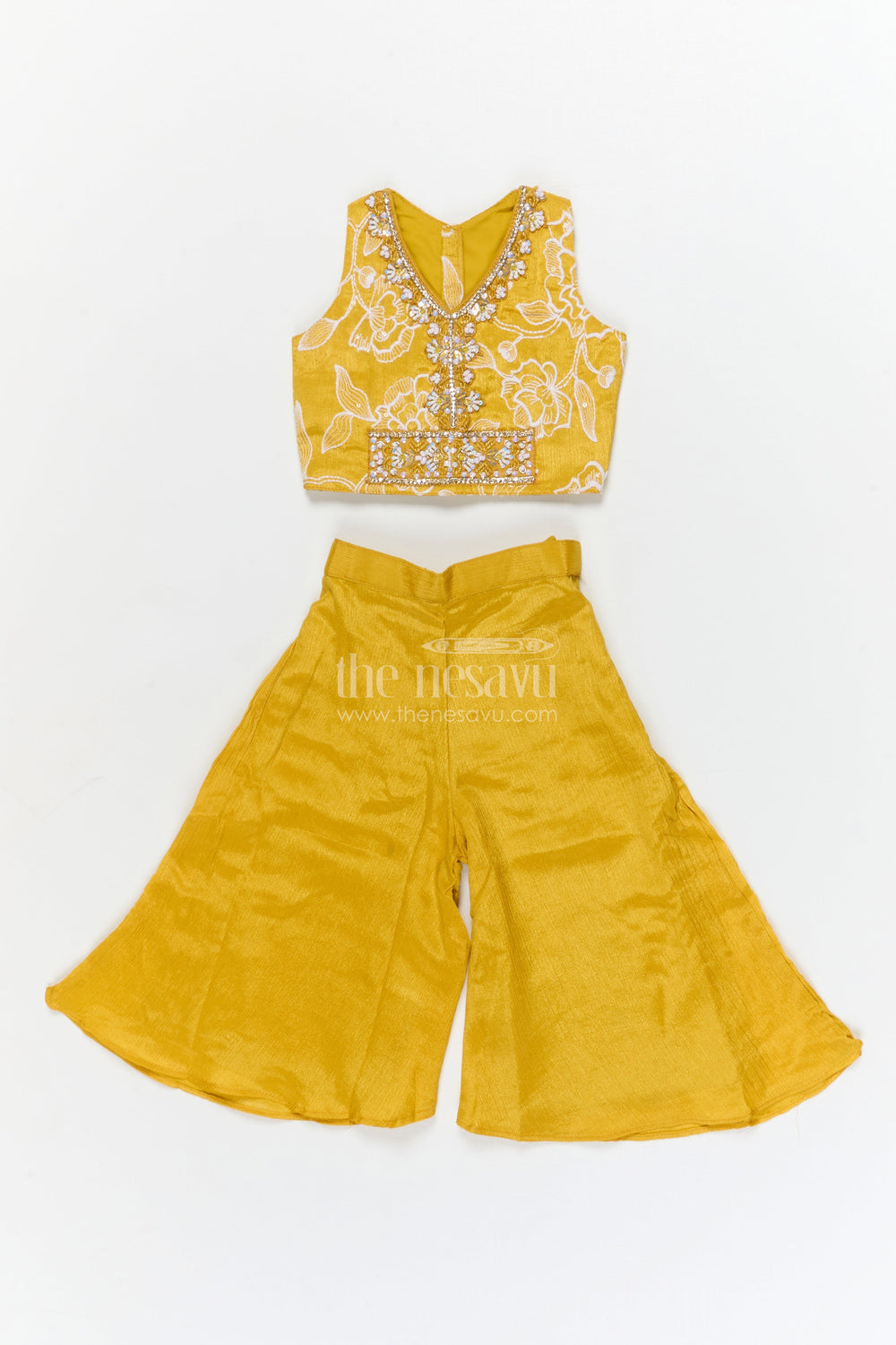 The Nesavu Girls Sharara / Plazo Set Girls Ethnic Palazzo Set for Diwali and Festive School Programs Nesavu 16 (1Y) / Yellow / Chinnon GPS939B-16 Nesavu girls ethnic palazzo set with embroidered blouse for Diwali and cultural events