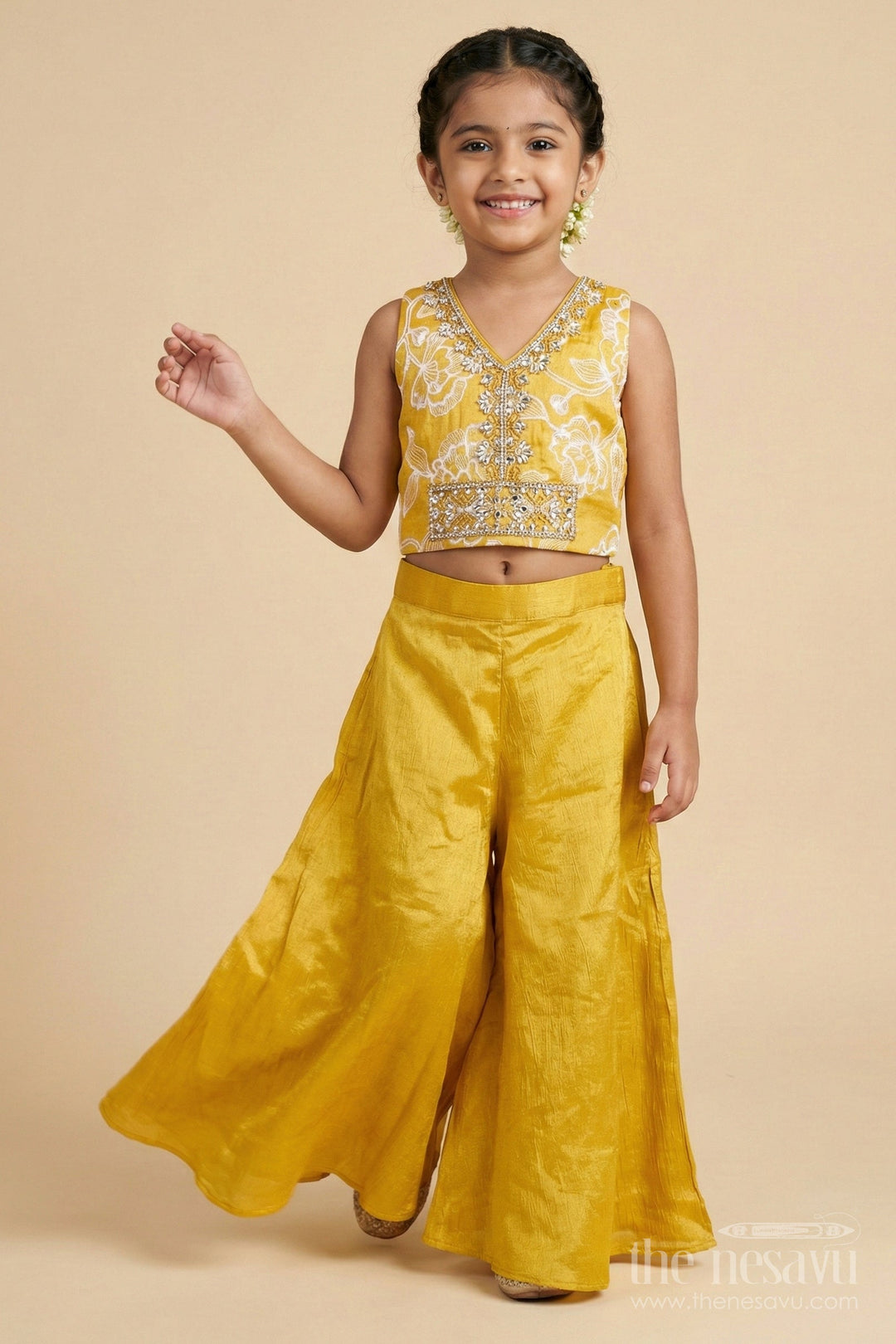 The Nesavu Girls Sharara / Plazo Set Girls Ethnic Palazzo Set for Diwali and Festive School Programs Nesavu Nesavu girls ethnic palazzo set with embroidered blouse for Diwali and cultural events