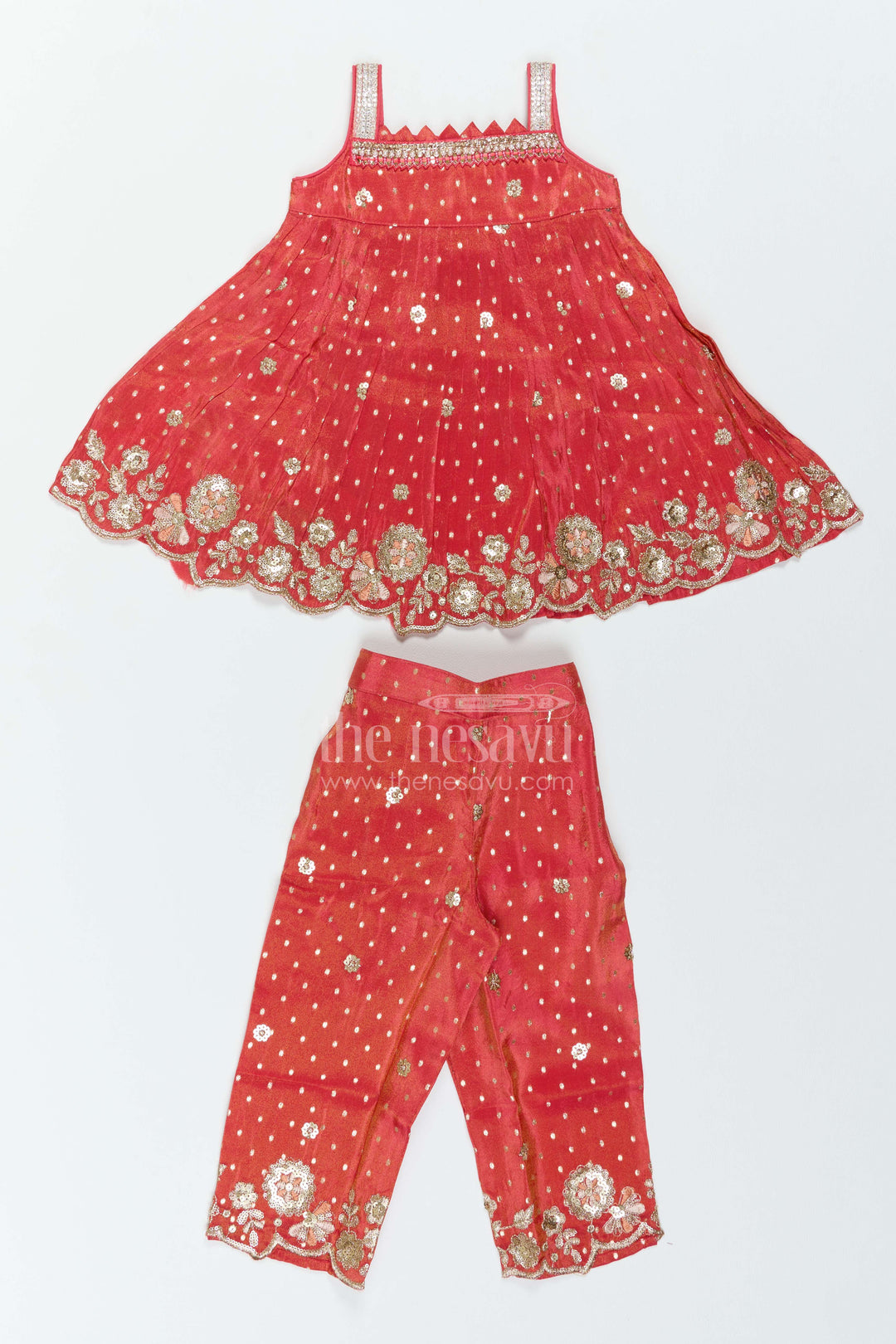 The Nesavu Girls Co-Ord Sets Girls Ethnic Pant Set for Birthday Functions and Festive Occasions Nesavu 18 (2Y) / Red / Viscose GPS1128B-18 Nesavu Girls Ethnic Viscose Pant Set For Birthday Functions Festive Occasions And Cultural Celebrations