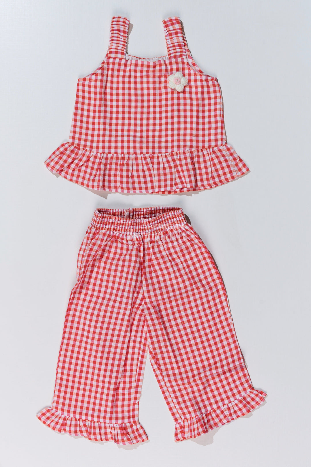 The Nesavu Girls Casual Set Girls Ethnic Plazo Set with Red and White Gingham Print and Peplum Top for Festive Style Nesavu 16 (1Y) / Red GPS539A-16 Girls Ethnic Plazo Set Red Gingham Peplum Top Frilled Pants Festive Fashion | The Nesavu