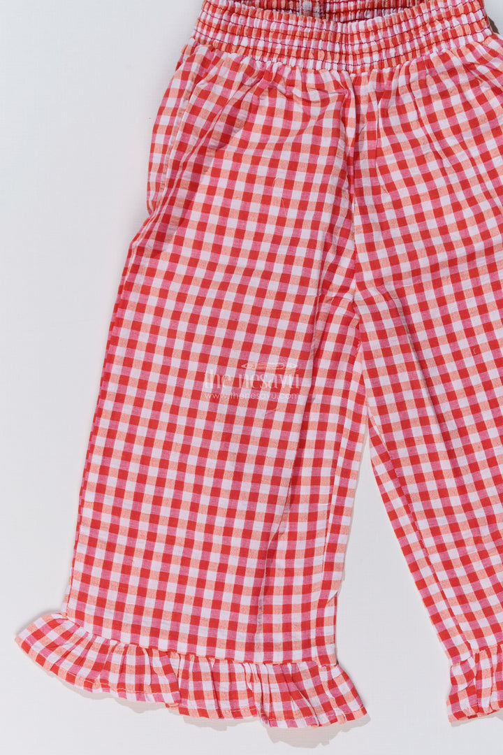 The Nesavu Girls Casual Set Girls Ethnic Plazo Set with Red and White Gingham Print and Peplum Top for Festive Style Nesavu Girls Ethnic Plazo Set Red Gingham Peplum Top Frilled Pants Festive Fashion | The Nesavu