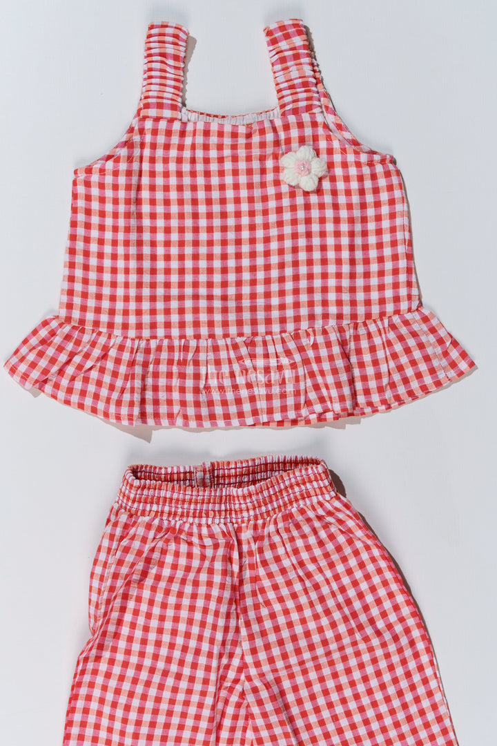 The Nesavu Girls Casual Set Girls Ethnic Plazo Set with Red and White Gingham Print and Peplum Top for Festive Style Nesavu Girls Ethnic Plazo Set Red Gingham Peplum Top Frilled Pants Festive Fashion | The Nesavu