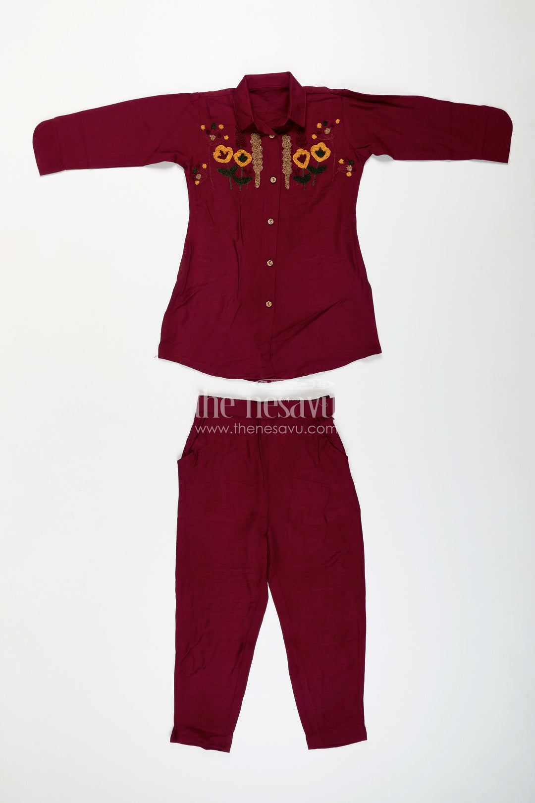 The Nesavu Girls Co-Ord Sets Girls Ethnic Plazzo Kurta Set with Floral Neckline Embroidery Nesavu Nesavu girls floral embroidered plazzo kurta set breathable viscose  festive school-ready