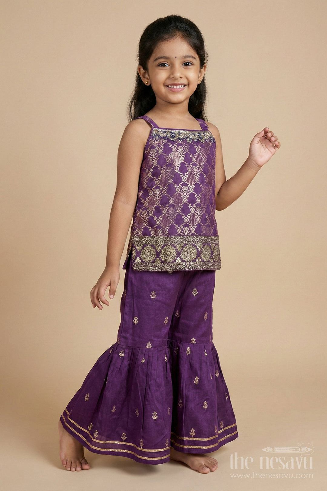 The Nesavu Girls Sharara / Plazo Set Girls Ethnic Sharara Set for Family Weddings and School Functions Nesavu Nesavu ethnic sharara set for girls with jacquard blouse – perfect for weddings and school functions