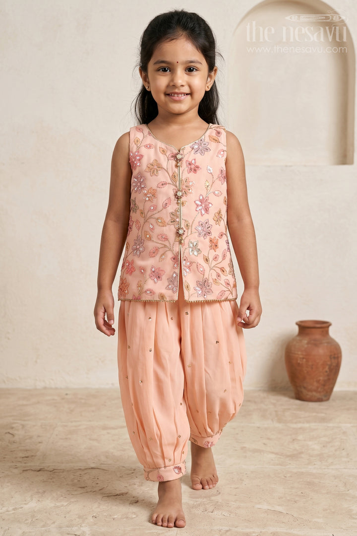 The Nesavu Girls Sharara / Plazo Set Girls Ethnic Sharara Set for Festive Wear and Family Gatherings Nesavu 16 (1Y) / Peach / Georgette GPS1032B-16 Nesavu Girls Sharara Set With Sequin Embroidery Yoke For Festive Wear And Comfortable Ethnic Styling