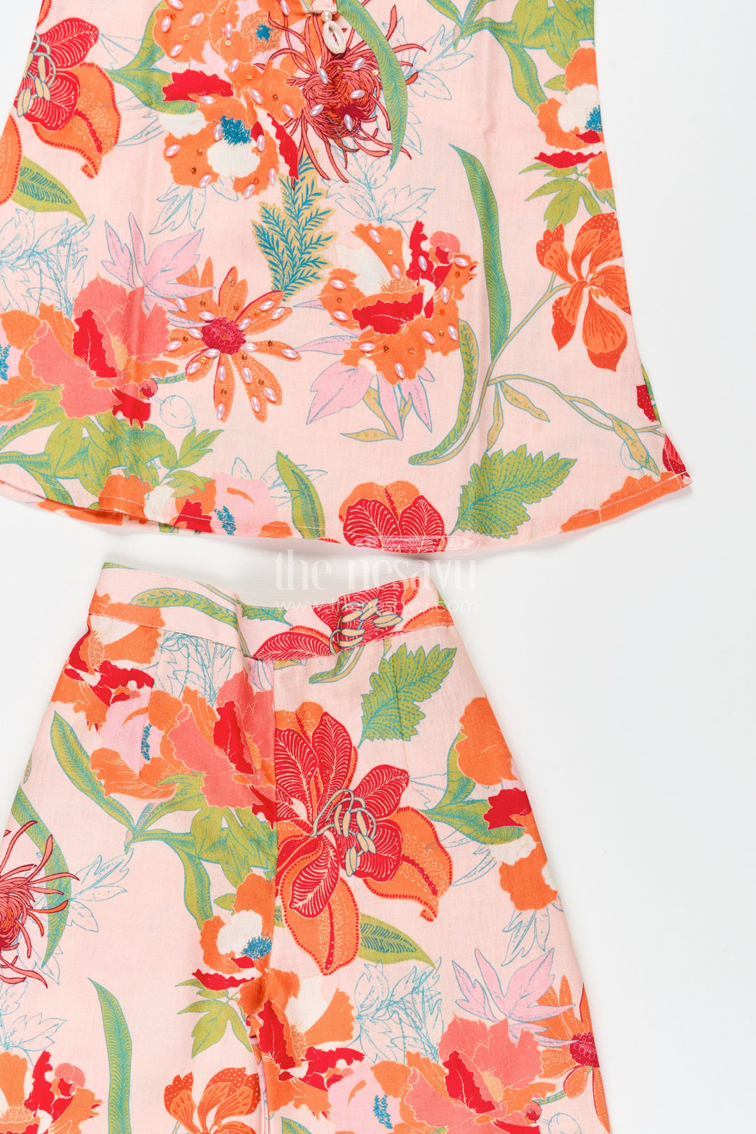 The Nesavu Girls Co-Ord Sets Girls Ethnic Sharara Set with Bright Floral Prints for Festive Comfort Nesavu Nesavu girls cotton floral sharara kurta set  festive ethnic wear summer