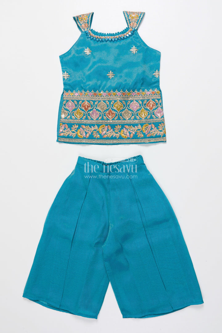 The Nesavu Girls Sharara / Plazo Set Girls Ethnic Sharara Set with Embroidered Top Lightweight Festive Wear In Tissue Silk Nesavu 16 (1Y) / Blue GPS893B-16 Nesavu girls sharara set thread embroidery festive sleeveless outfit tissue silk