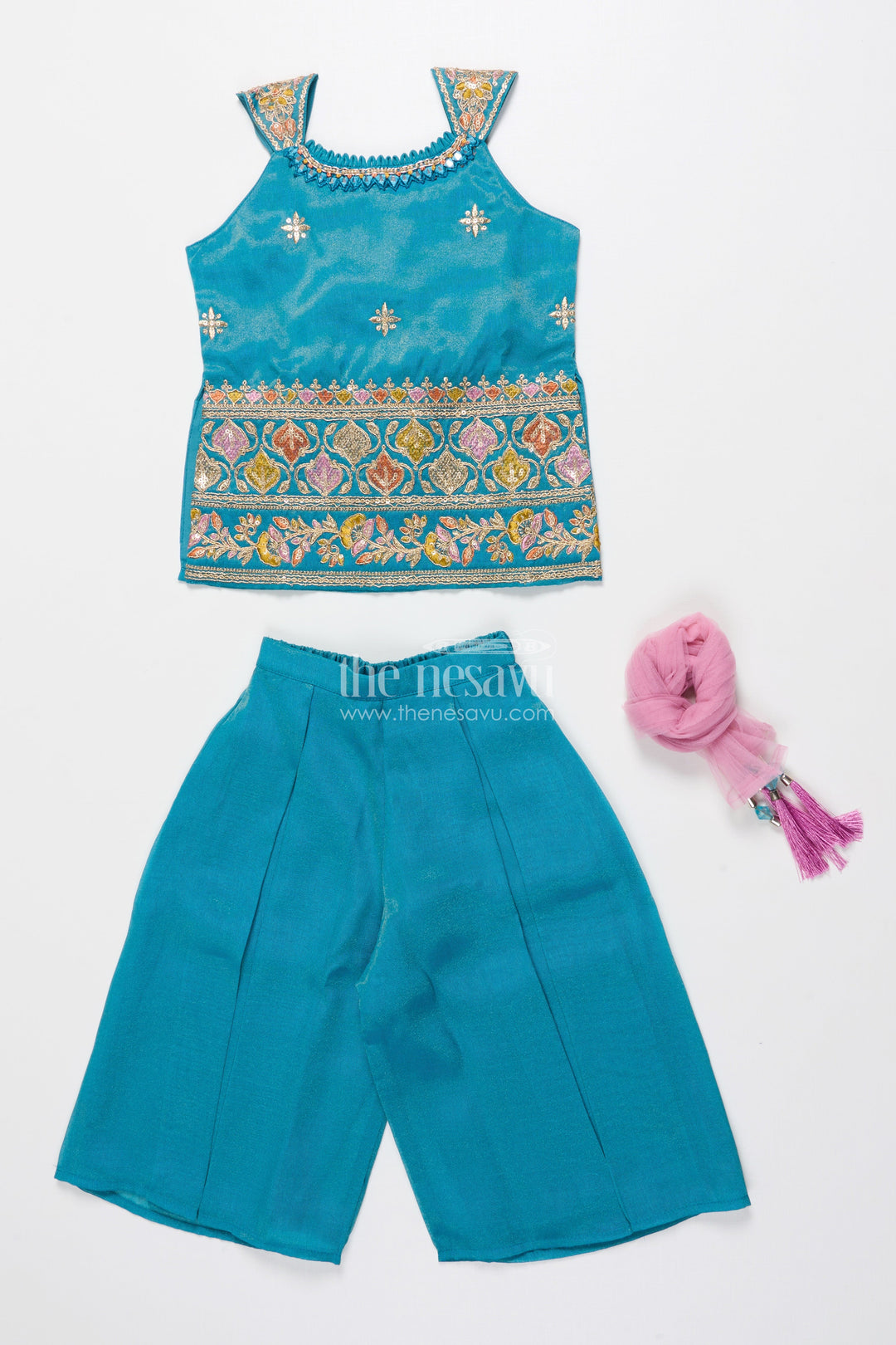 The Nesavu Girls Sharara / Plazo Set Girls Ethnic Sharara Set with Embroidered Top Lightweight Festive Wear In Tissue Silk Nesavu Nesavu girls sharara set thread embroidery festive sleeveless outfit tissue silk